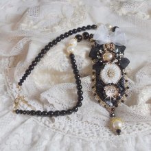 Vintage Sacred Black Haute-Couture necklace embroidered with Swarovski crystals, organza ribbon and Miyuki beads